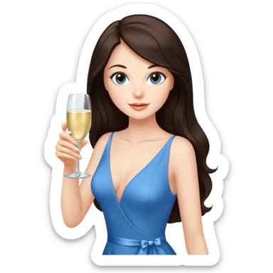 Sexy brunette woman long dark brown hair, hazel eyes, pale skin toasting with champagne in sexy blue dress sticker