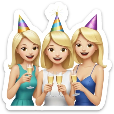 Woman with long blonde hair at the center of the group, her friends with short hair around her, all laughing, party sticker