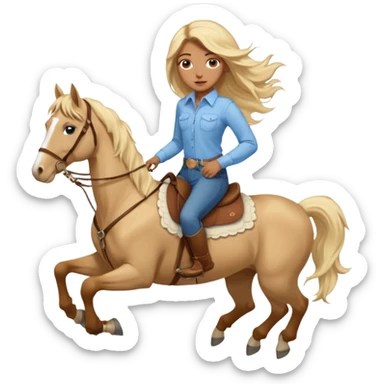 Brown girl with blue eyes and very, very long blonde/gold hair that’s blowing in the wind wearing a cream colored collared long sleeve shirt and jeans with brown boots on top of a brown horse, don’t show it’s legs  sticker