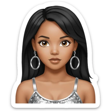LeToya Luckett with black long hair, silver sequin crop top, silver earring sticker