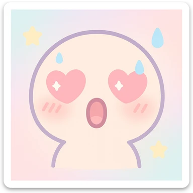 moaning mouth with heart eyes, blushing cheeks, and sweat drops, expressive kawaii style sticker