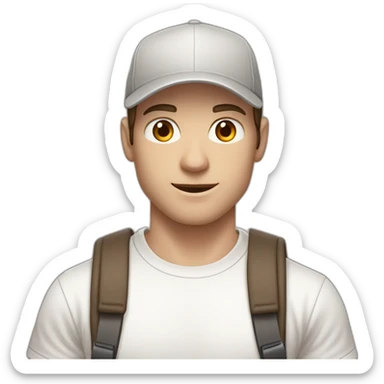 Pale skinned fit Man with dark brown hair in a light gray cap, dark brown jeans, brown polo and white T-shirt keeping a pasted with tape white box into his hands sticker