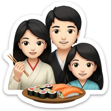 czarnowłosa ksieżniczka w dlugich wlosach je sushi z chłopakiem o czarno brązowych włosach i są zadowoleni i są nastolatkami i te włosy są lekko krecone i chłopak ma włosy do wysokosi nad brwiami sticker