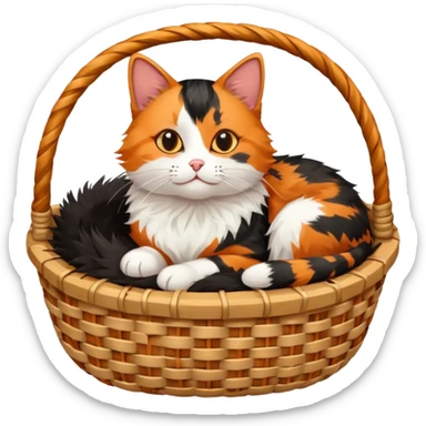 a tricolor cat is lying in a basket sticker