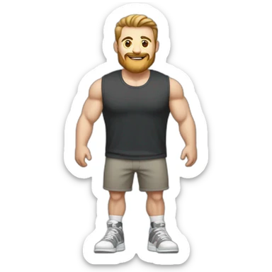 Full height Actively gesturing with hands Pale skinned Fit Man With the biceps and light brown hair with Bristle in dark gray Sleeveless Mike, black oversize sports shorts and white Sneakers sticker