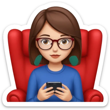 Menina de cabelos castanhos e óculos sentada numa poltrona olhando o smartphone  sticker