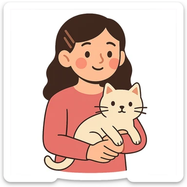 flat toon style character with dark brown hair clipped back with a hairpin, sweet eyes, pink clothes, cat in arms sticker
