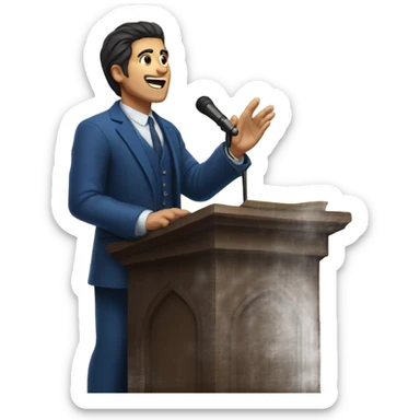 A man with dark hair and blue suit preaching behind pulpit sticker