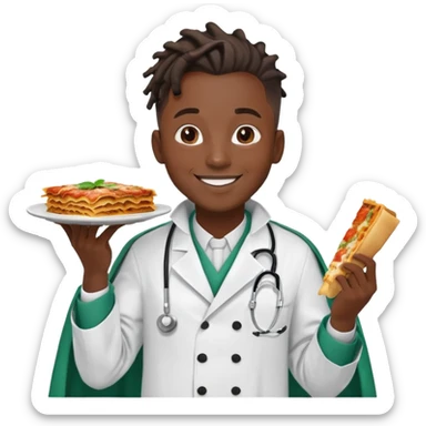  High fade ponytail dreadlock male black hair dark skin smiling doctor and nigerian cape eating lasagna  sticker