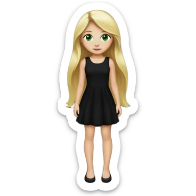 Full body blonde girl with long hair and green eyes, wearing a black dress, emoji style, sticker