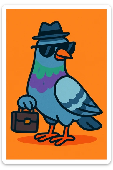 a clever pigeon wearing a tiny spy hat and sunglasses, holding a miniature briefcase, playful style, vibrant toon style sticker