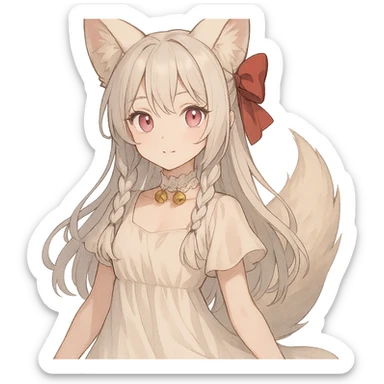 A girl fox spirit named QT with charming features, pink irises, pale skin, silver white hair parted in the middle into two braids with loose hair, a big red ribbon bow at the back of her head, wearing a flowy dress and a white lace choker with bells. sticker