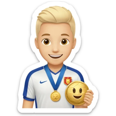 Happy light soccer player with a first-place medal
 sticker