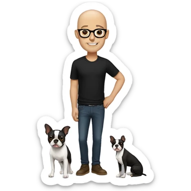 bald man in black shirt with brown eyes glasses holding boston terrier sticker