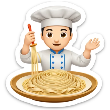 Shanxi knife-cut noodles with chef slicing dough, simplified emoji style with bold outlines and bright colors, cartoon style flying noodle strips sticker