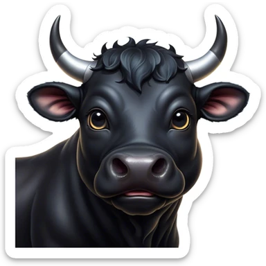 Cinematic Cute Black Bull Portrait Emoji, Head tilted playfully and inquisitively, featuring a glossy, robust black hide with a striking sheen, round, sparkling dark eyes filled with gentle curiosity, Simplified yet irresistibly adorable features, highly detailed, glowing with a warm, friendly glow, high shine, affectionate and imposing, stylized with a touch of rugged charm, bright and endearing, soft glowing outline, capturing the essence of a mischievous yet loving bull, so playful it feels like it could stomp out of the screen and into your arms! sticker
