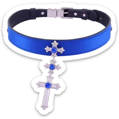 gothic choker with sapphire blue satin band, silver cross pendant, blue gemstone centerpiece, sparkling white effect, elegant and gothic sticker