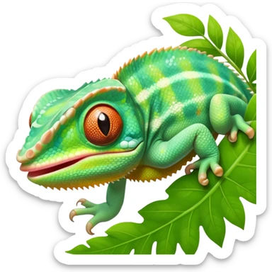 cinematic cute -baby chameleon-realistic emoji, mouth wide open with tongue out catching prey, -blending-with-vibrant-greenery.-detailed-scales-in-shifting-colors,-showing-the-chameleon’s-ability-to-camouflage.-soft-natural-light-highlights-its-texture.-light-background, zoomed into its face sticker