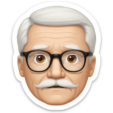 An elderly man with white hair and mustache, wearing black glasses and looking straight ahead with a gentle expression. sticker