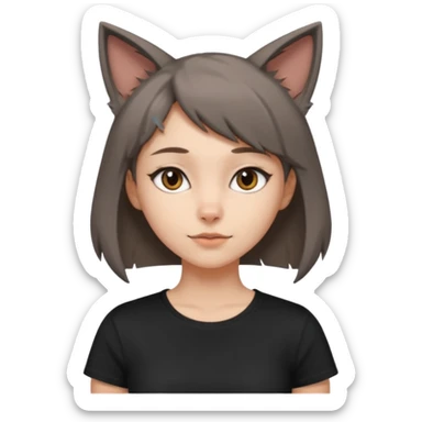 a girl with short brown wolf cut , grey cat ears and a tail, with a black t-shirt on sticker