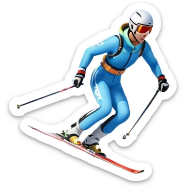 An icon featuring snowy peaks, pine trees, and a picturesque mountain landscape with a skier racing down a snow-covered slope, The sky is blue with soft clouds, capturing the thrill and beauty of alpine skiing. Transparent background highlights the excitement and serenity of winter sports. sticker