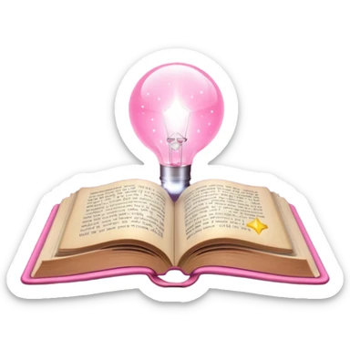 An open pink book with glowing light emerging from its pages, magical atmosphere, sticker