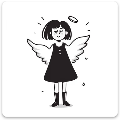 gothic girl with fair skin and short brown hair, angel wings and a halo, hand-drawn doodle style sticker