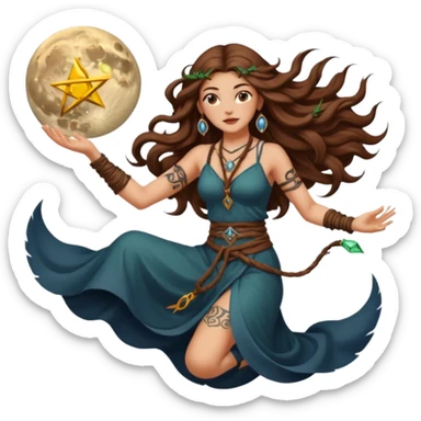 moon druid woman long wavy brown hair tattoos pulling rune card from air sticker
