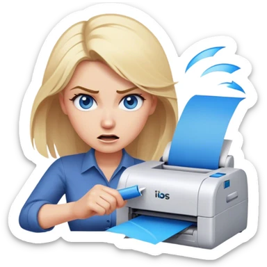 woman with blonde hair and blue eyes shaking printer in anger sticker