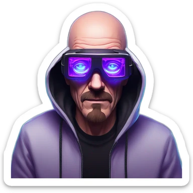 Walter White wearing a black hoodie with "OMG" letters on it and VR headset in a cyberpunk VR environment with violet neon lighting. sticker