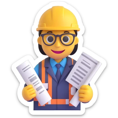 3D smiley emoji, round shape, architect face with architect hat and blueprint, text 'Arcépítész' sticker