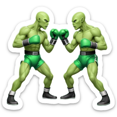 two aliens boxing in a fight stance, facing each other with raised gloves, dynamic action pose, intense expressions, sci-fi arena vibe, 3D cartoon style, mobile game icon style, clean background, no text, no watermark
 sticker