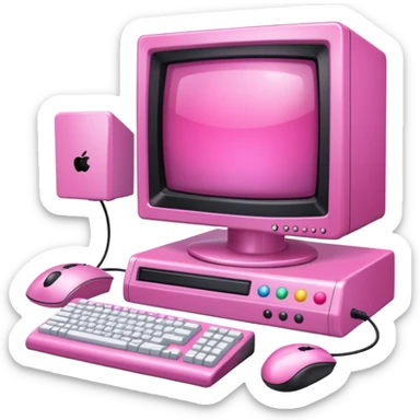 shiny pink transparent sparkly 90s computer with CRT monitor, keyboard, PC tower, mouse sticker