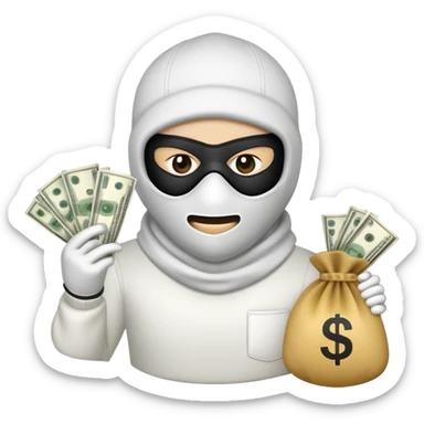 Ski mask holding money bag with white face sticker