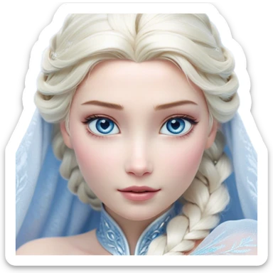 Cinematic Realistic Elsa Portrait, depicted with lifelike skin texture, soft natural lighting, and intricately detailed platinum blonde hair styled elegantly. Her striking, expressive blue eyes exude confidence and grace, complemented by a serene and regal expression. She is dressed in her signature icy attire, with shimmering fabric textures and delicate folds that catch the light beautifully. The portrait features a soft, enchanting glow with a cool, radiant finish, capturing the essence of timeless elegance in a realistic and painterly style, evoking a sense of depth and authenticity. sticker