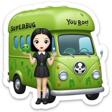 Heroic  Wednesday Adam’s SuperBug Ron’s slime-oozing exterminator antique tall moving van hot rod(motto: You pay me now!) sticker