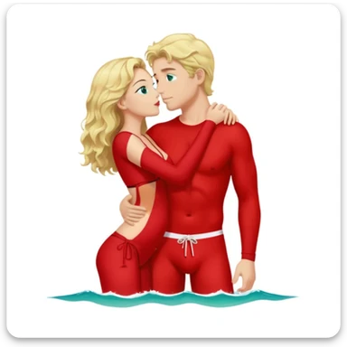 Red Bikini Green eyes blonde wavy Hair Kissing man blue eyes black hair whole Body Background sea sticker