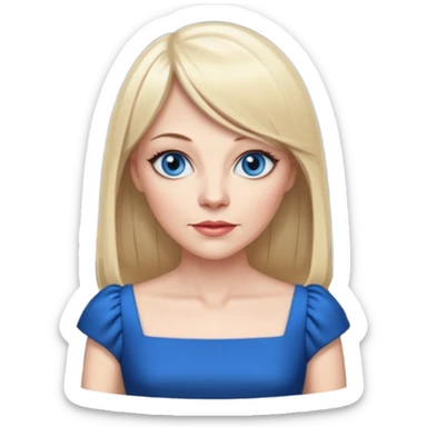45 yr old white woman, pale skin, long straight blond hair parted in center, blue eyes, bangs, clothes for dinner sticker