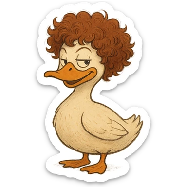 ghibli style duck with Jeff Ross's curly hair, looking witty sticker