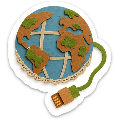 rustic cottagecore version of Internet globe icon, globe with embroidered continents lace trim moss, vine as ethernet cable, wooden connector, soft pastel palette sticker