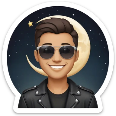 Man grinning with white crescent moon head and sunglasses and black leather jacket  sticker