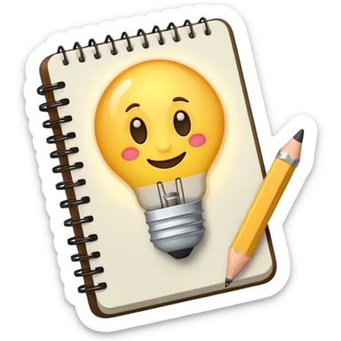 Emoji of a notebook with a pencil and a glowing lightbulb on the cover, iPhone emoji style. Flat design, smooth gradients, rounded edges, soft shadows, clean look, white background. sticker