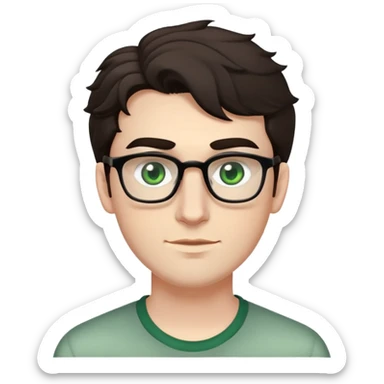 young man with pale skin, larger face, bigger nose, thick dark eyebrows, dark tall voluminous slightly wavy hair styled up high on head but not curly, wearing glasses with green eyes and very light stubble, with a slight smile sticker