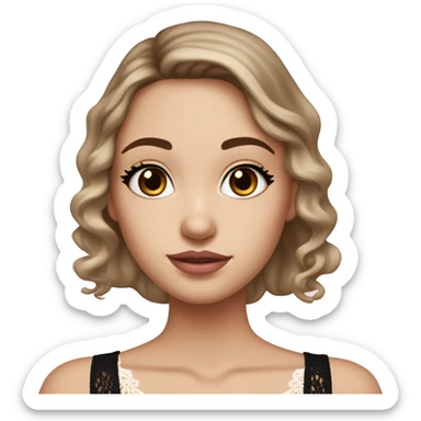 fair-skinned girl with black, slim shaped eyes and long lashes. long, dark brown hair In a wavy/blowout style. wearing a delicate white lace tank top and a dainty gold necklace, plump light pink lips. sticker