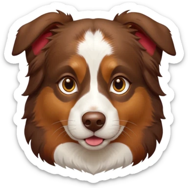 A tri color Australian shepherd with a chocolate brown base coat, red/gold fur on his eyebrows and snout/cheeks, a white chest, and gold eyes. No white on his face, only brown and gold. sticker