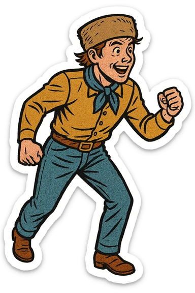 The full body of a young male 1860s American settler in the American West looking excited and about to start a race standing up straight sticker