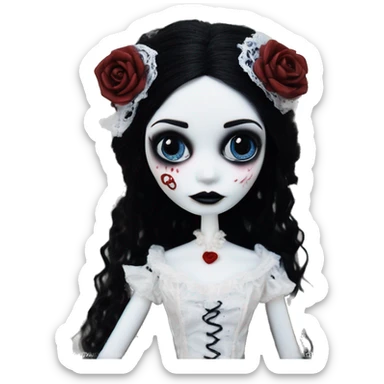 full height, tim burton "corpse bride", porcelain doll with a cracked face, goth makeup watery eyes, long hair, lace and ruffles, lolita style, inked, black and white, red roses sticker