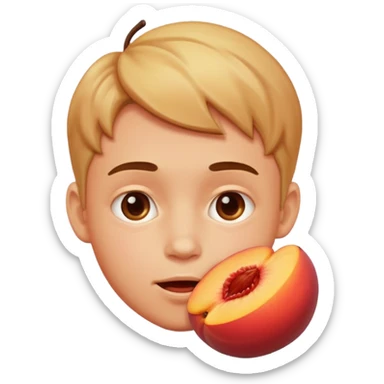 Boy with his face stuck in a juicy peach sticker