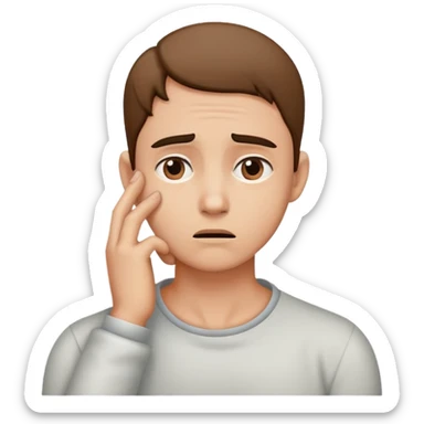 person with a worried expression, hand on neck, with a visible lump on the neck sticker