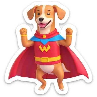 a hot dog dressed as Superman, with a cape and superhero pose sticker